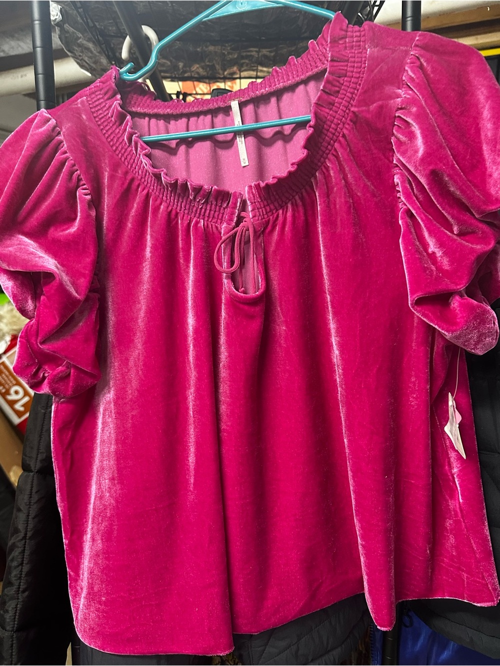 Free People Velvet Puff-Sleeve Blouse - Fuchsia